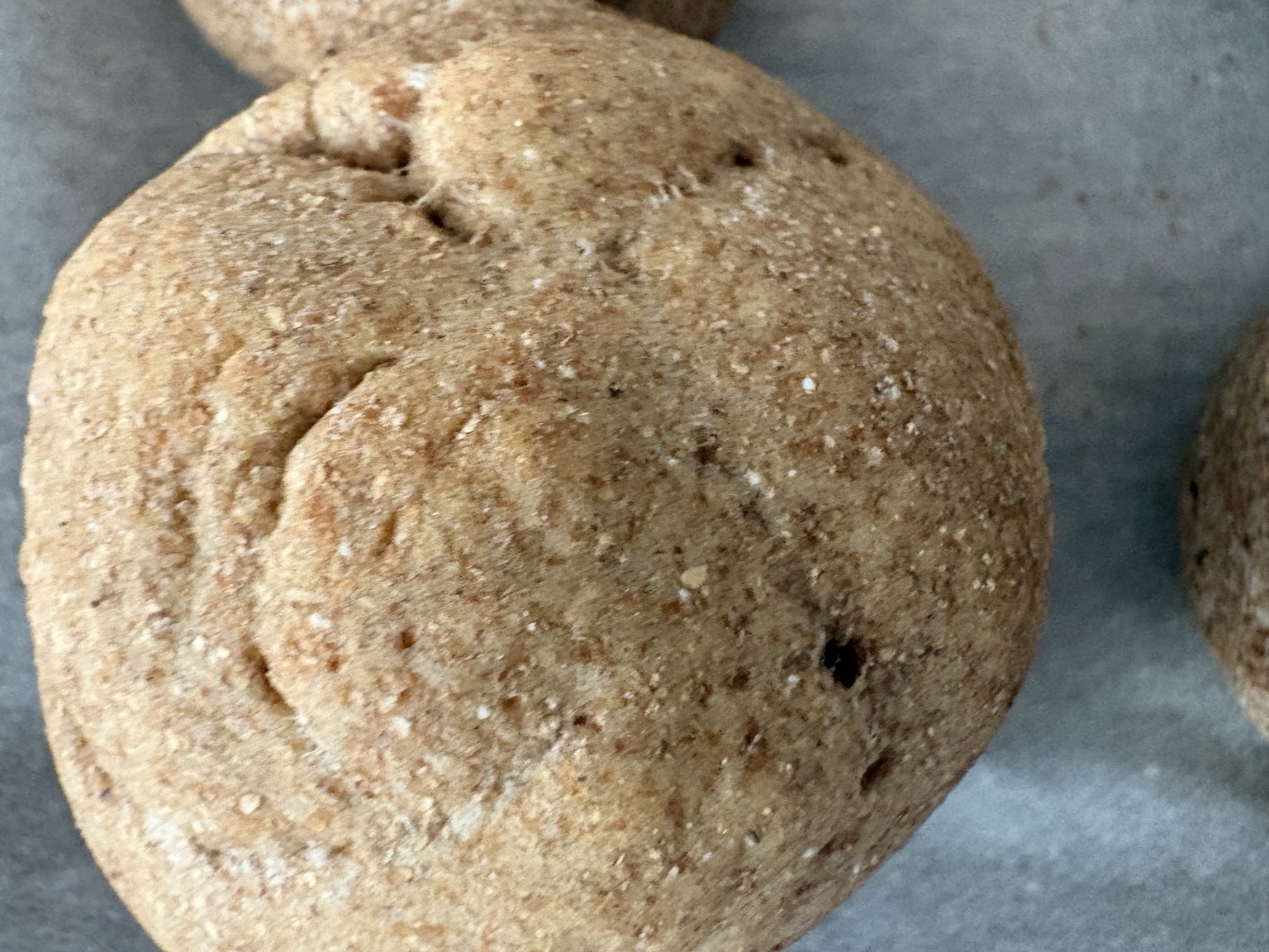 Close-up showing the golden brown textured crust of a homemade whole wheat roll